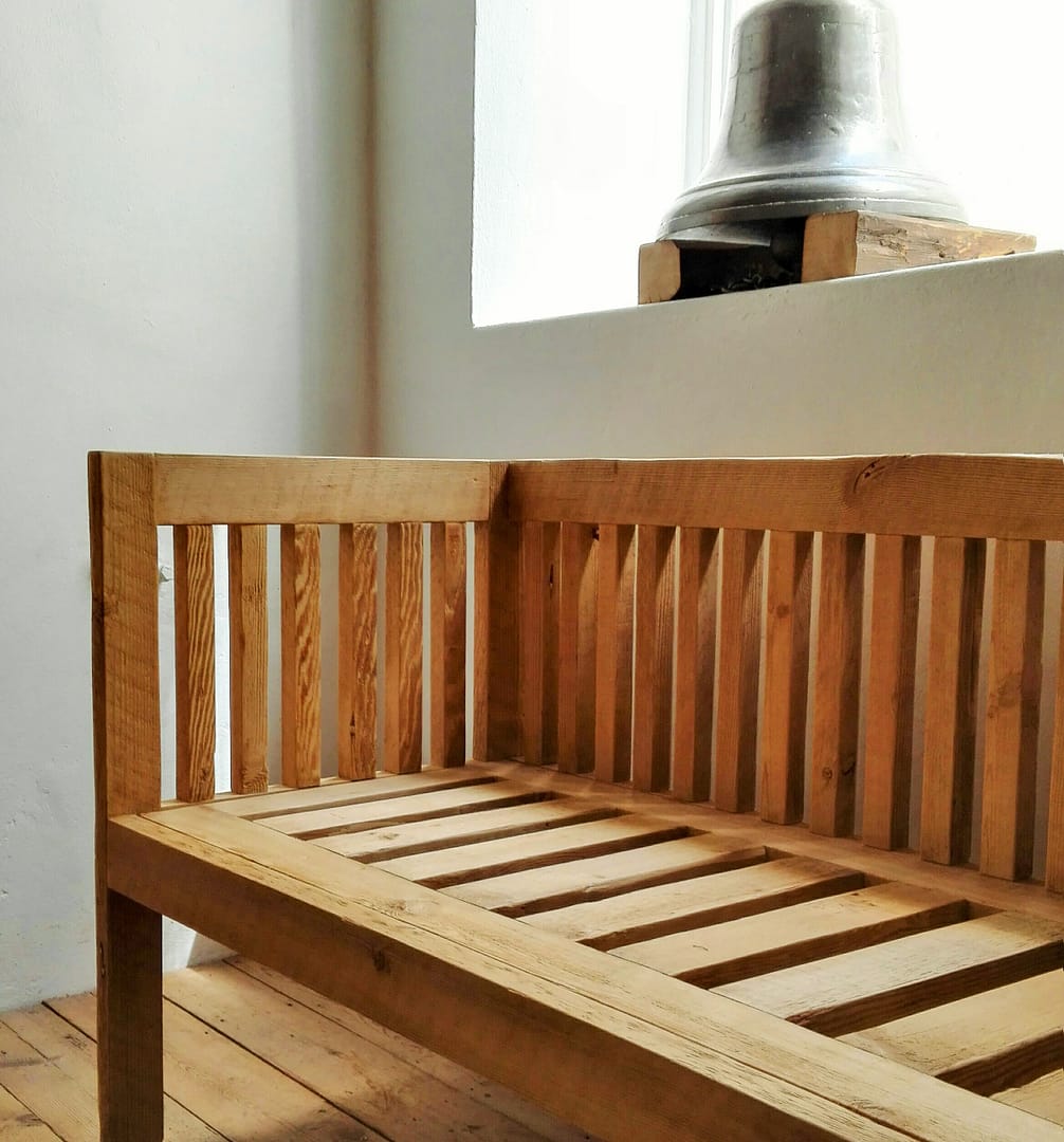 Bench made from reclaimed 19th century reclaimed Oregon pine