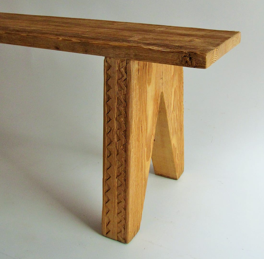 Handcarved benches made from reclaimed Oregon pine
