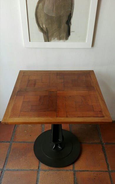 Table / reclaimed parquet on steel pedestal base