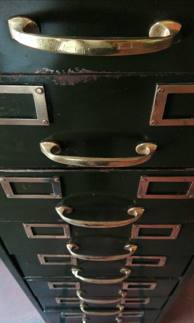 Metal filing cabinet with brass fittings circa 1930s